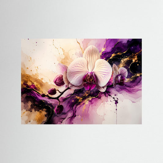 Modernes Blumen-Kunstposter mit weißen Orchideen, abstraktem lila Farbverlauf und Spritzern