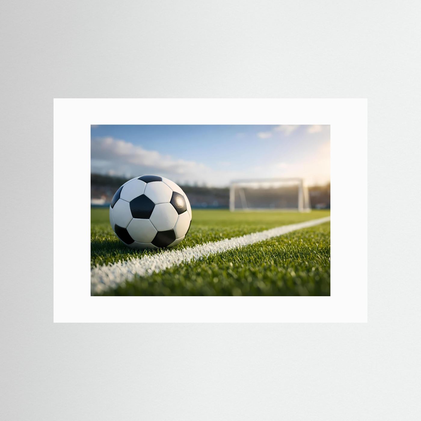 Gerahmtes Poster im Querformat mit Fußball auf Rasen und Tor im Hintergrund.