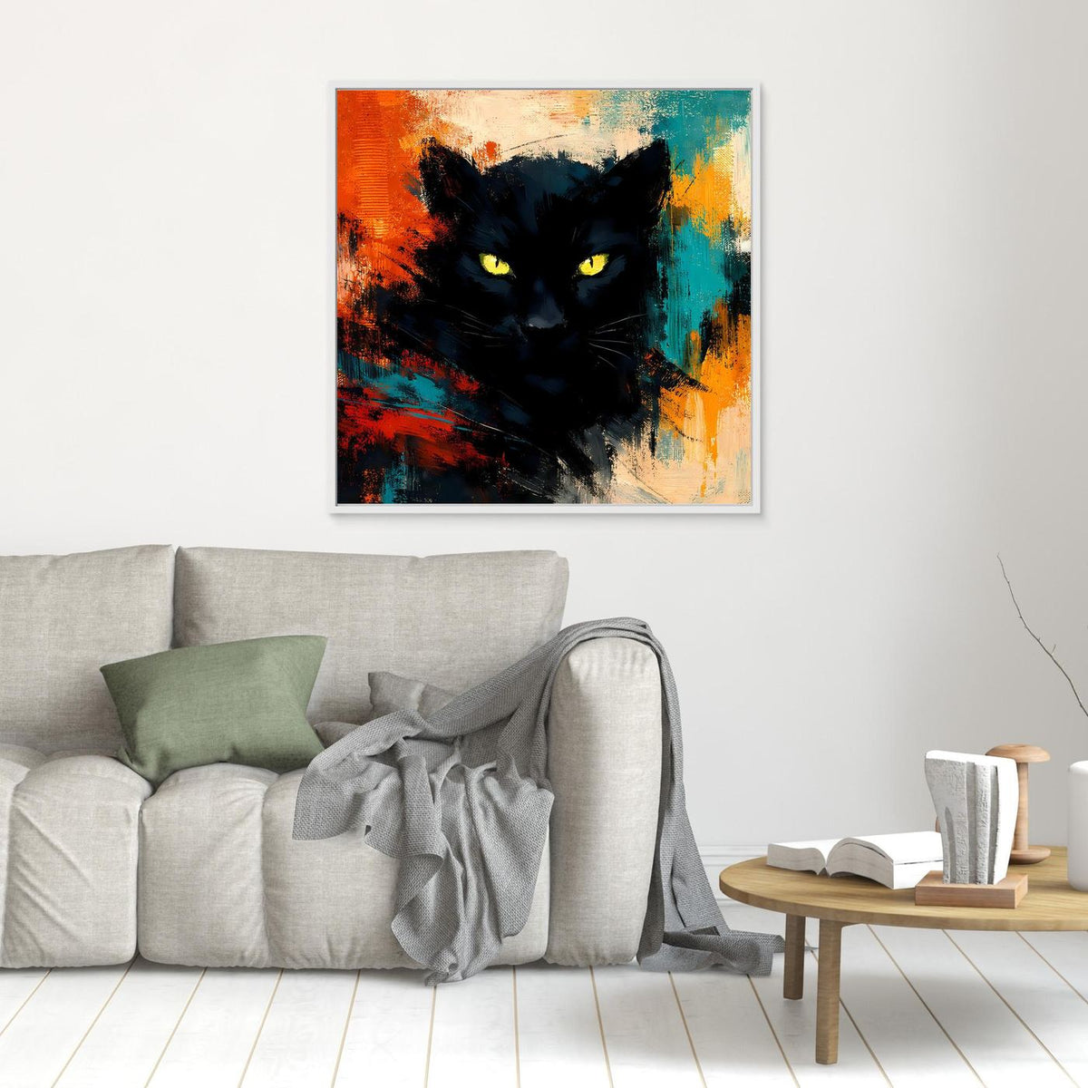 Leinwand-Wandbild mit schwarzem Pantherkopf und gelben Augen im hellen Rahmen