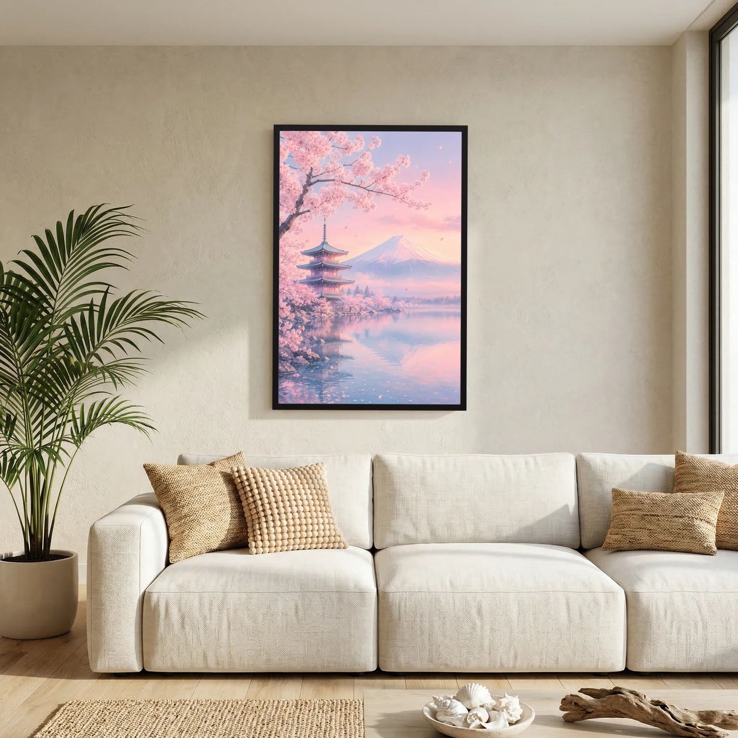 Schwarz gerahmtes Hochformat-Poster mit Kirschblüten, Pagode und Berglandschaft im Pastellrosa