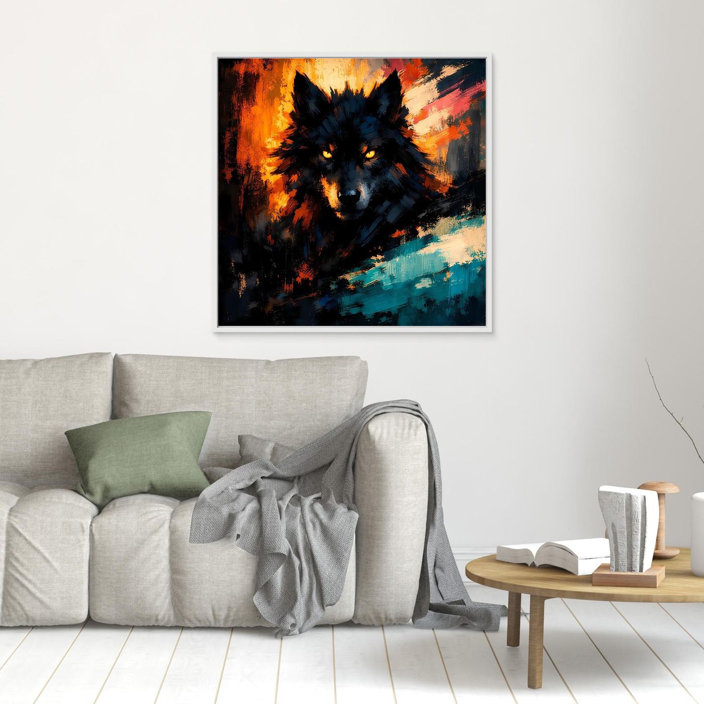 Kleines Wandbild mit abstraktem Wolfsgesicht, Flammenfarben, türkisfarbene Pinselstriche, weißer Rahmen