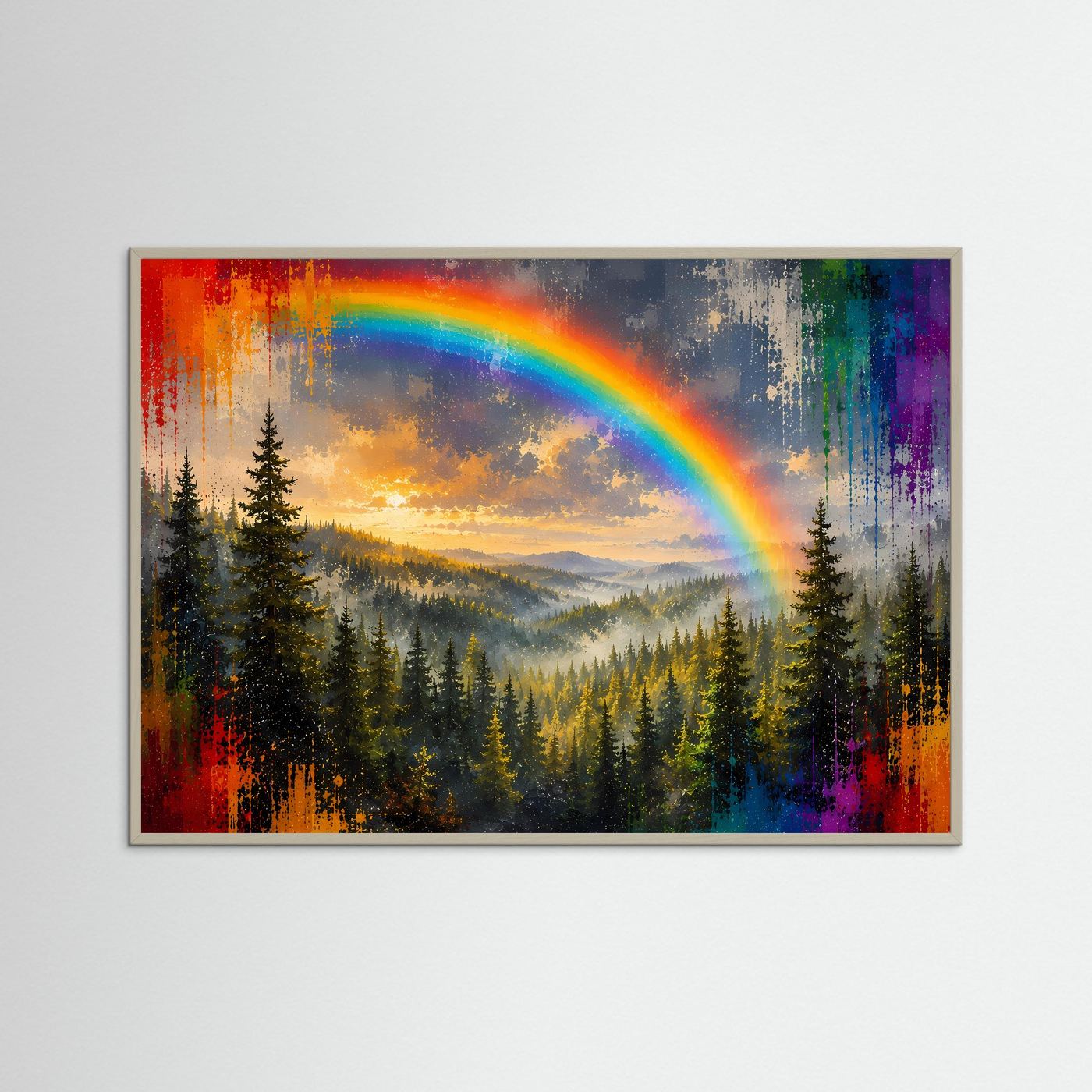 Moderner Nadelwald mit Regenbogen & Farbspritzern | Buntes Panorama Poster Querformat