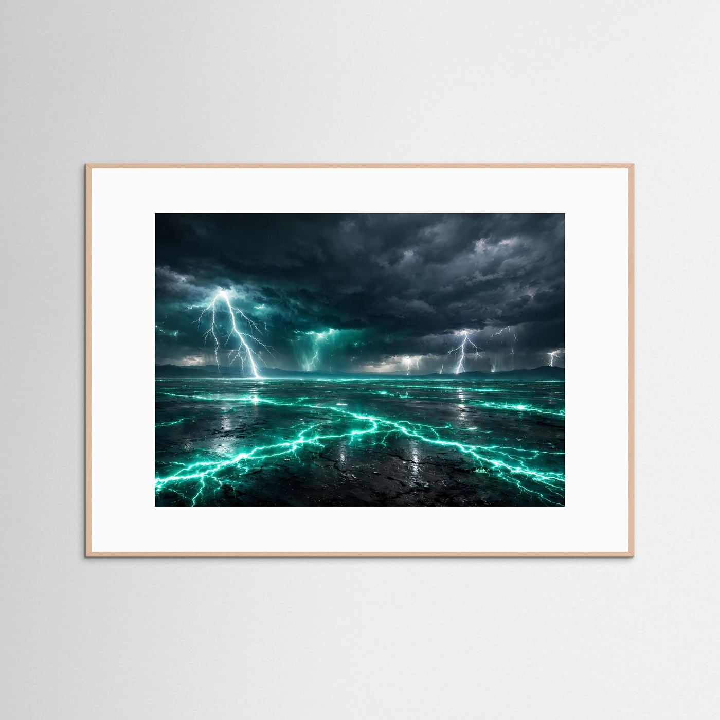 Gewitter-Poster im Querformat mit türkisfarbenen Blitzen über dem Meer, heller Holzrahmen