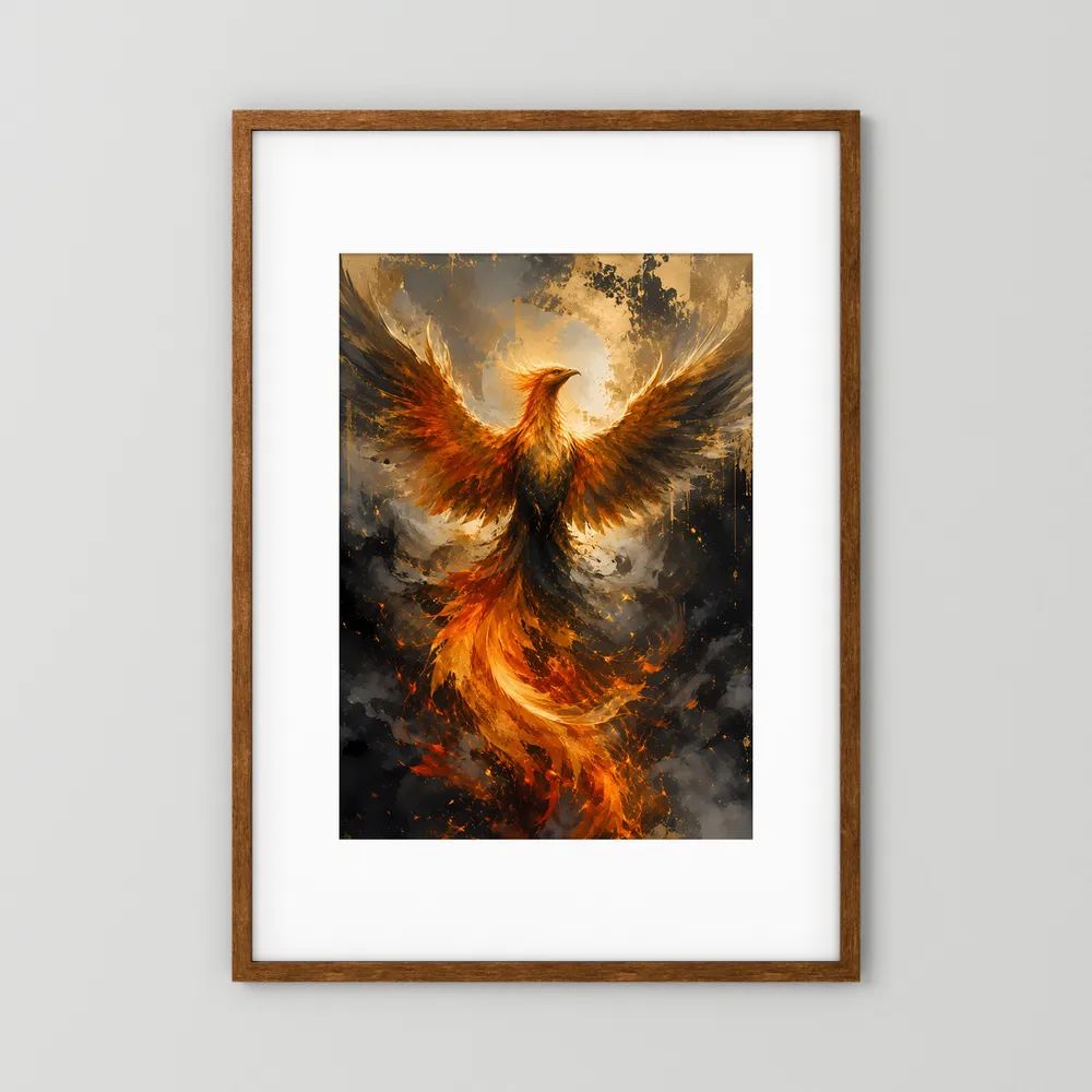 Poster im Hochformat: brennender Phönix in Gold und Orange, brauner Holzrahmen