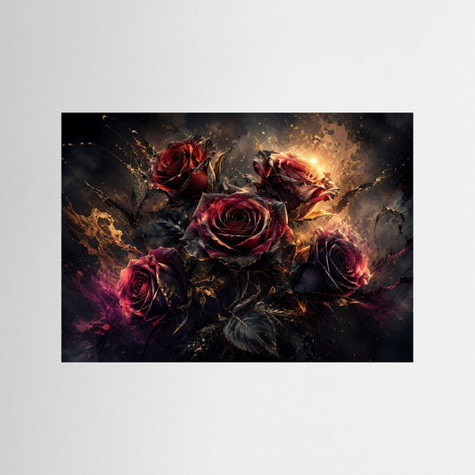 Rosenposter mit dunklen Bordeaux- und schwarzen Rosen sowie goldenen Lichteffekten