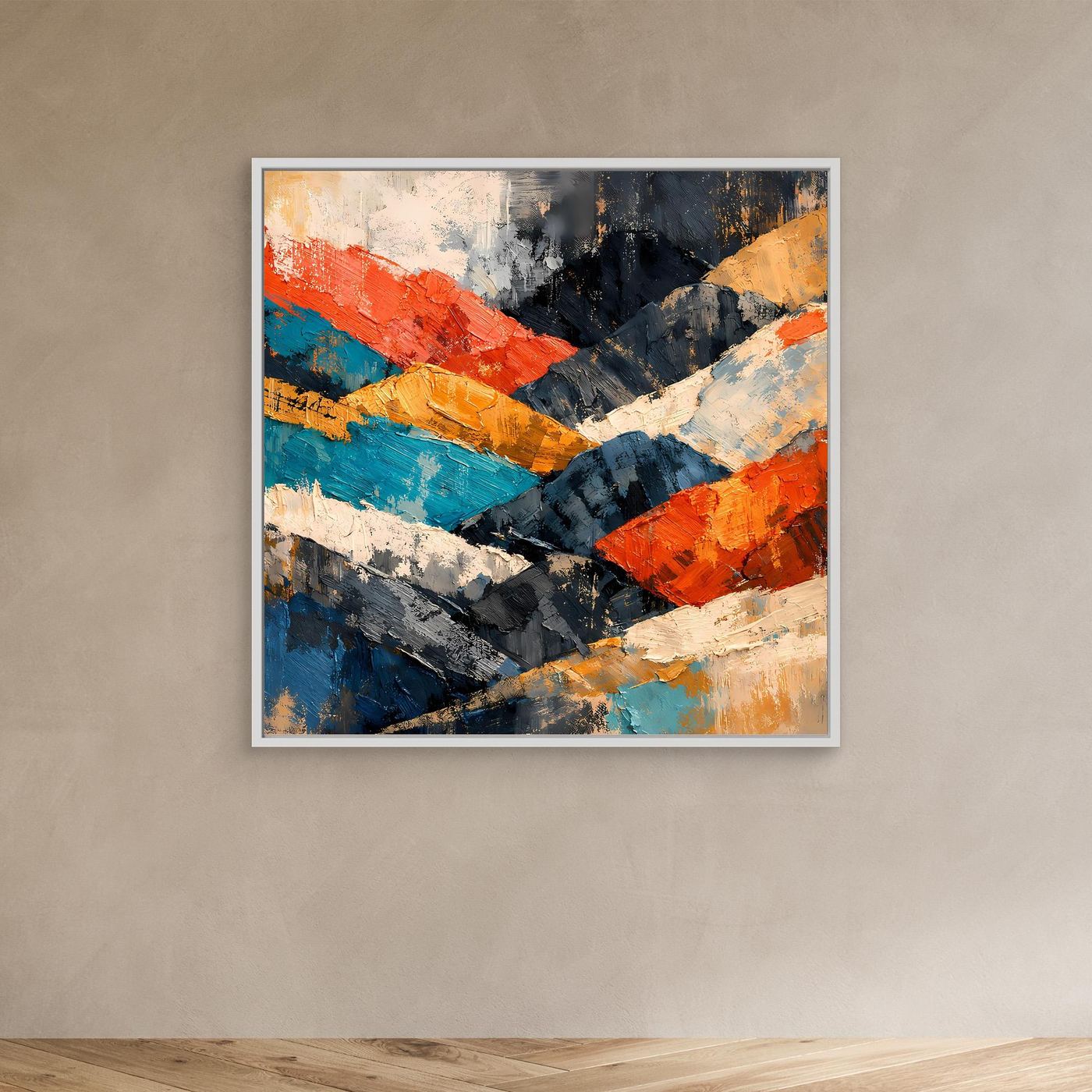 Abstraktes Berglandschaft-Wandbild mit weißem Rahmen; sichtbare Pinselstruktur in Blau, Orange und Dunkelgrau.