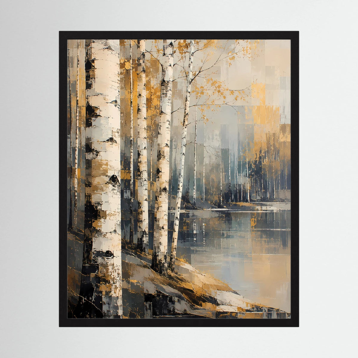 Gerahmtes Poster (schwarzer Rahmen) mit abstraktem Birkenwald am Wasser in Gold und Beige
