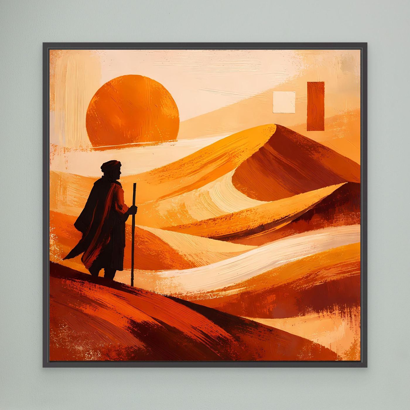Leinwandbild: orange Wüstenlandschaft mit Sonne und Wanderfigur, schwarz gerahmt