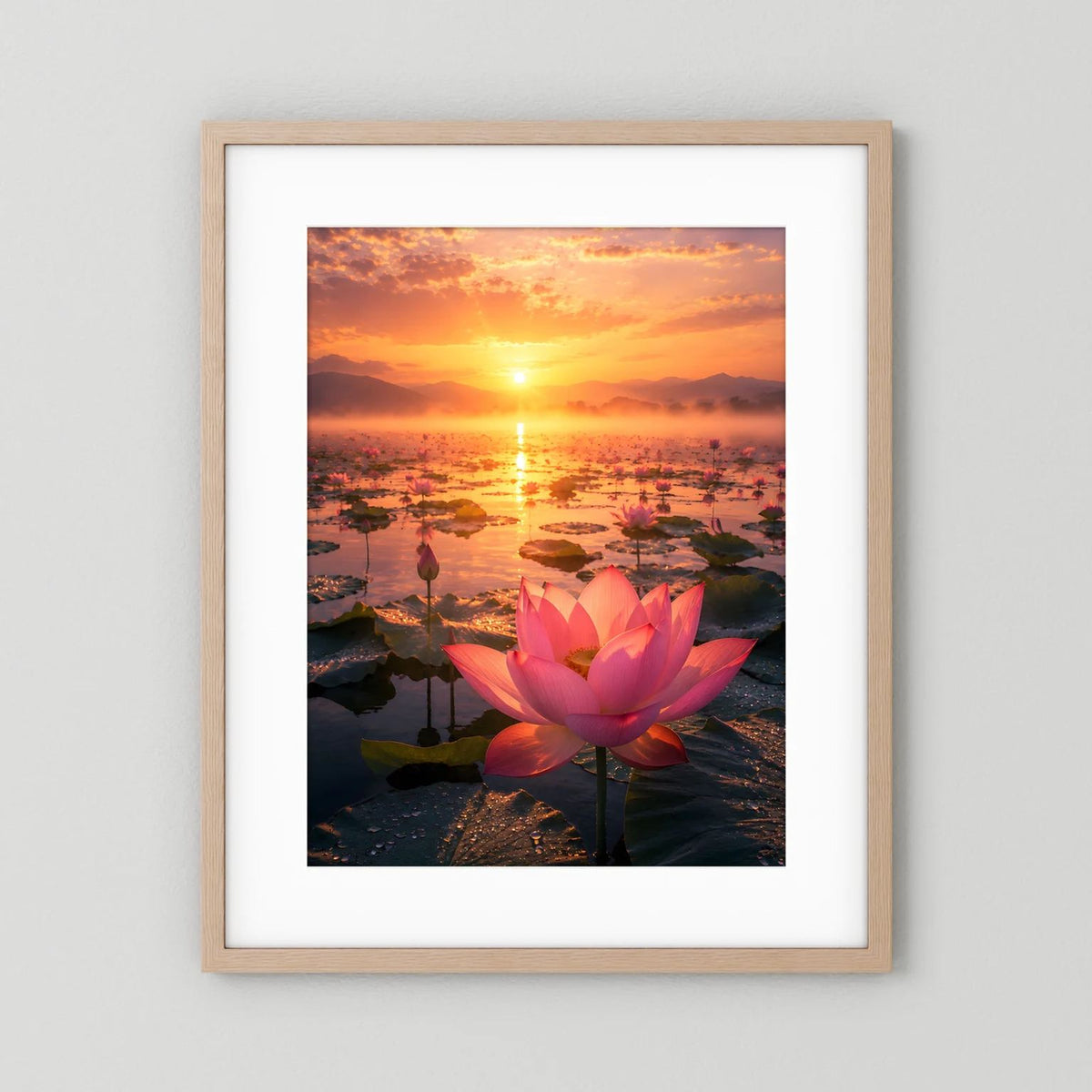 Hochformatiges Poster mit rosa Lotusblüte bei Sonnenuntergang, hellbrauner Holzrahmen
