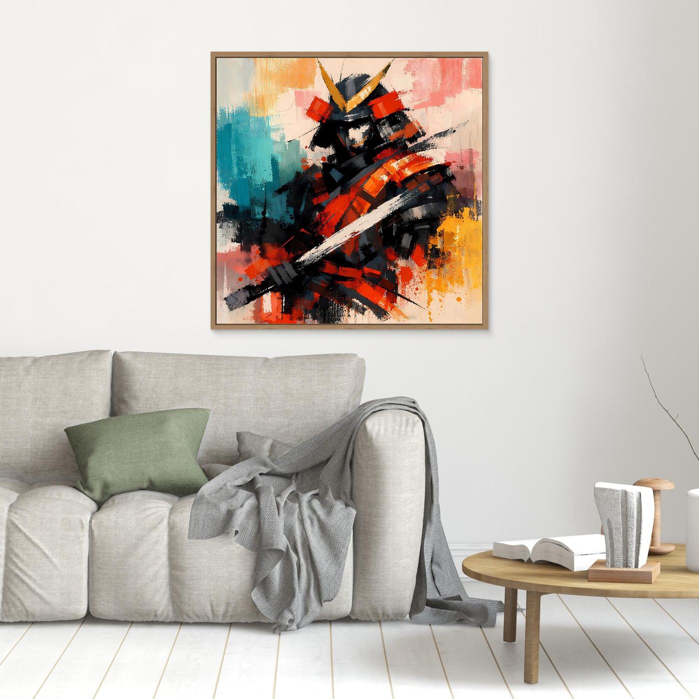 Leinwand-Wandbild mit abstraktem Samurai-Krieger, brauner Rahmen
