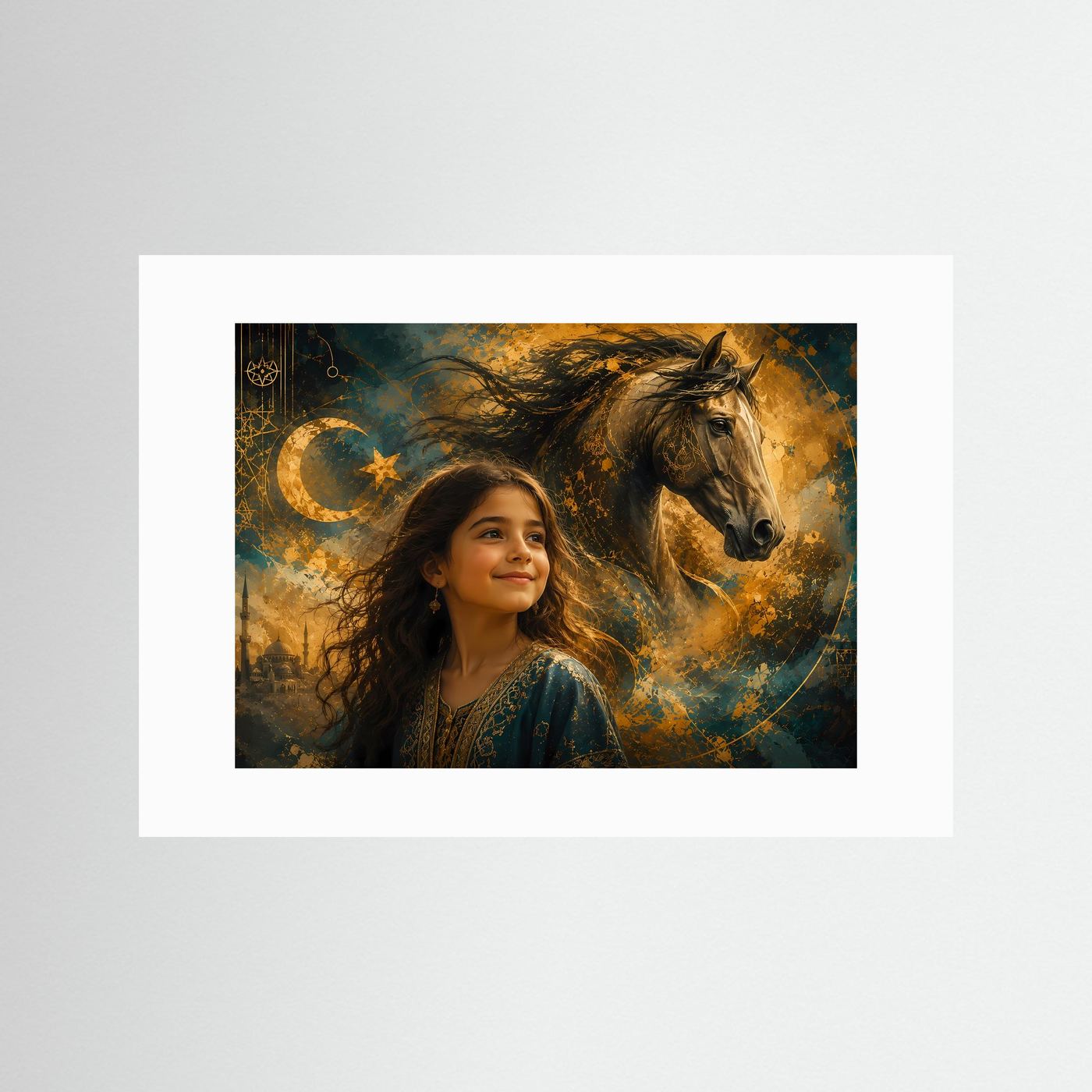 Türkisches Mädchen mit Pferd | Mystische Wandkunst in Gold & Petrol