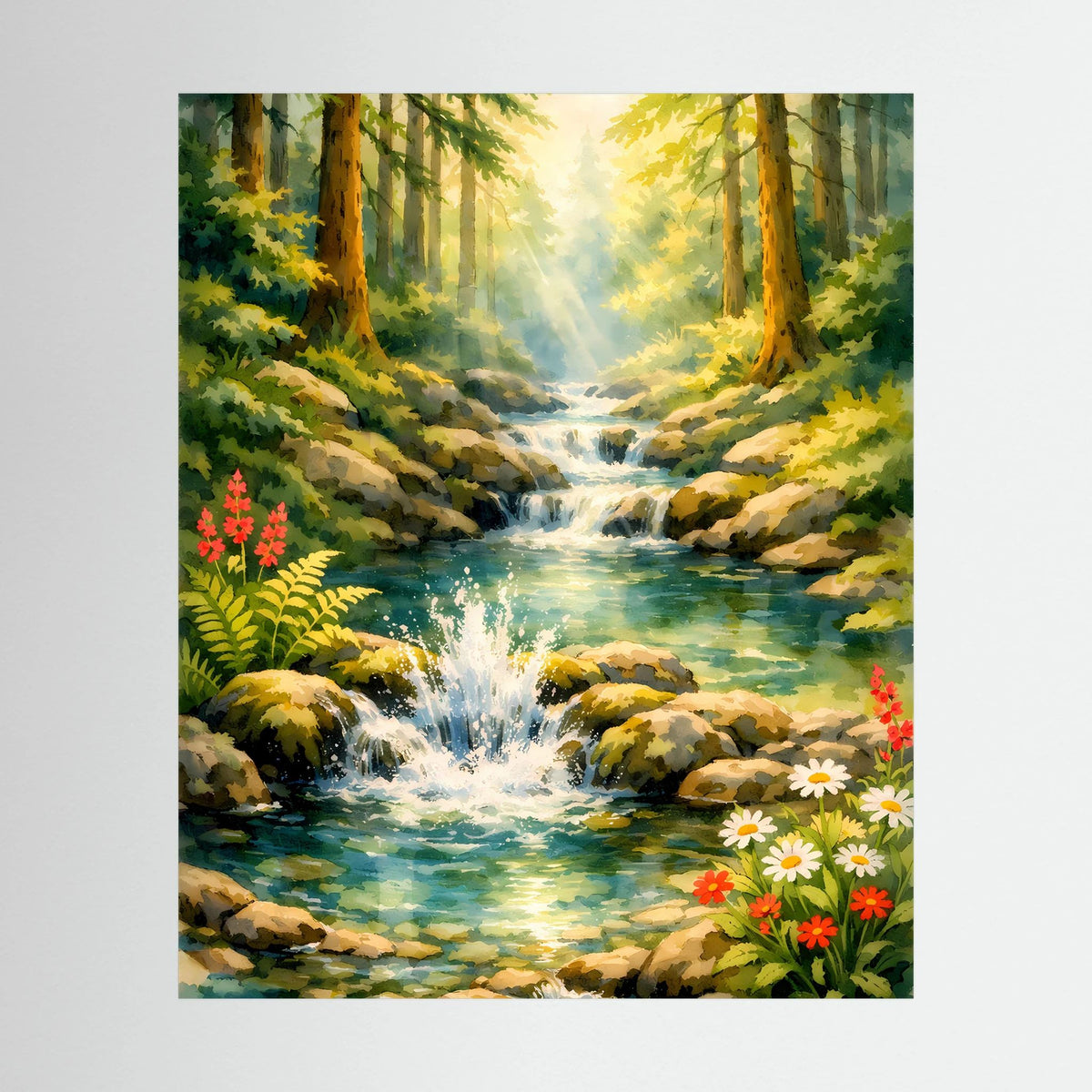Hochformatiges Poster mit Wasserfall im sonnigen Wald und bunten Blumen