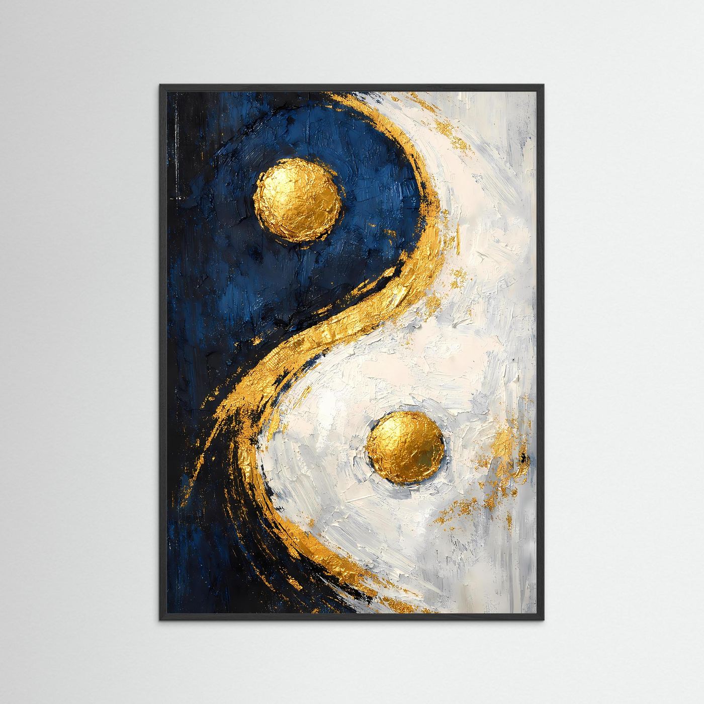 Yin-Yang-Kunstposter im schwarzen Rahmen, abstrakte Goldkreise auf Blau und Weiß