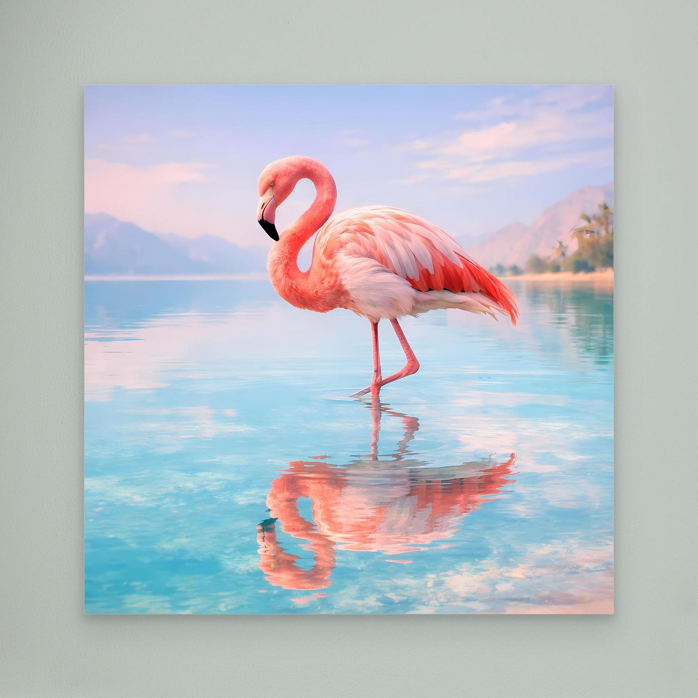 Wandbild mit Flamingo am See, ohne Rahmen