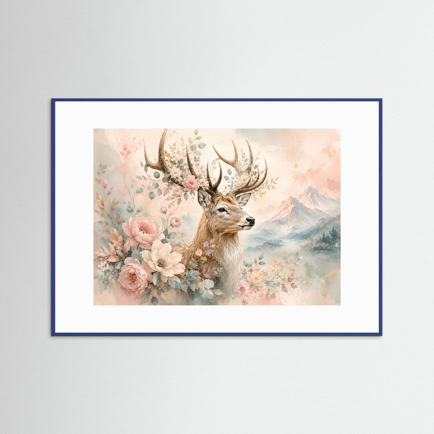 Hirsch mit Blumen Poster | Floraler Hirsch in Pastellfarben | Elegante Natur Wandkunst | Romantische Berglandschaft | Premium Leinwand & Wall Art