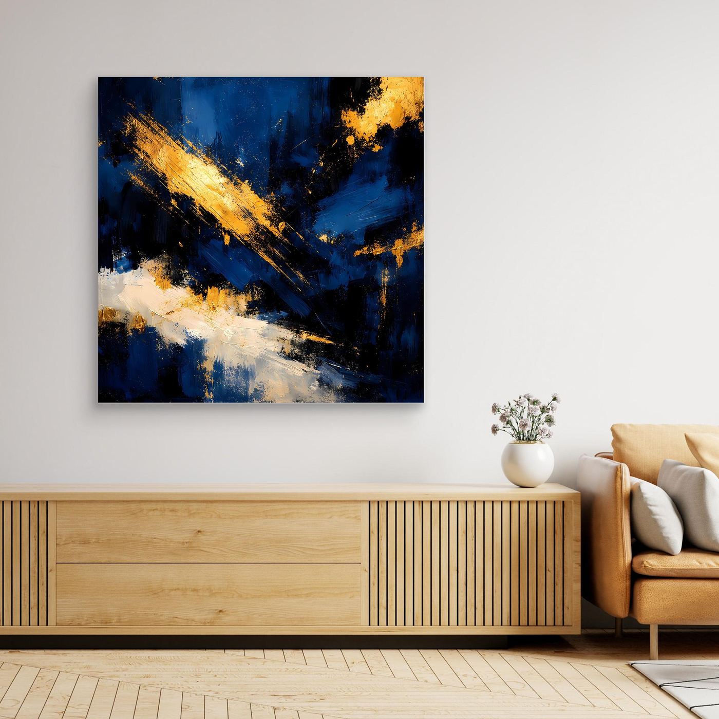Leinwand Abstraktes Universum in Dunkelblau und Gold | Modernes Expressionistisches Wandbild