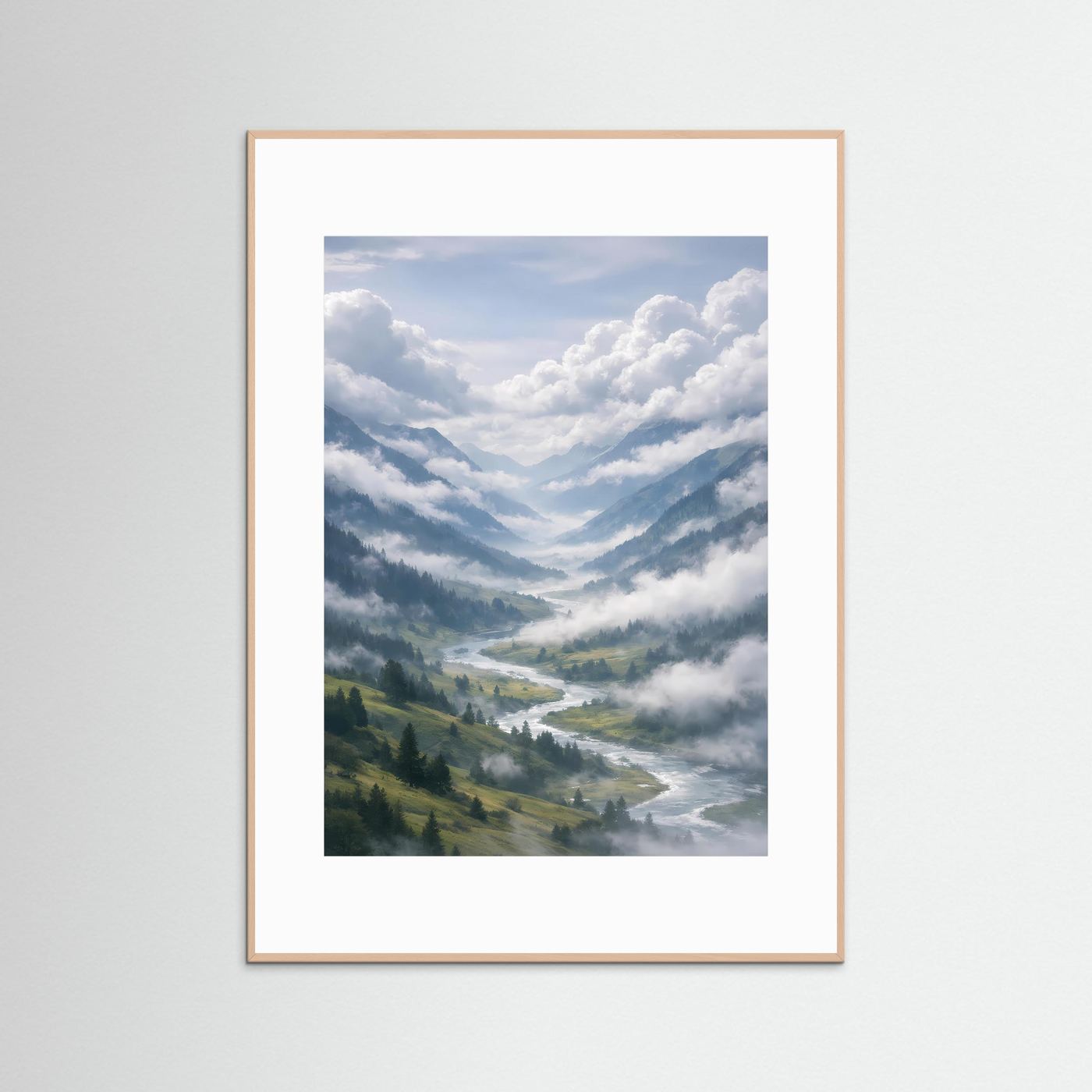 Hochformat-Poster mit Berglandschaft in Blau-Weiß, weißer Rahmen und weißer Rand