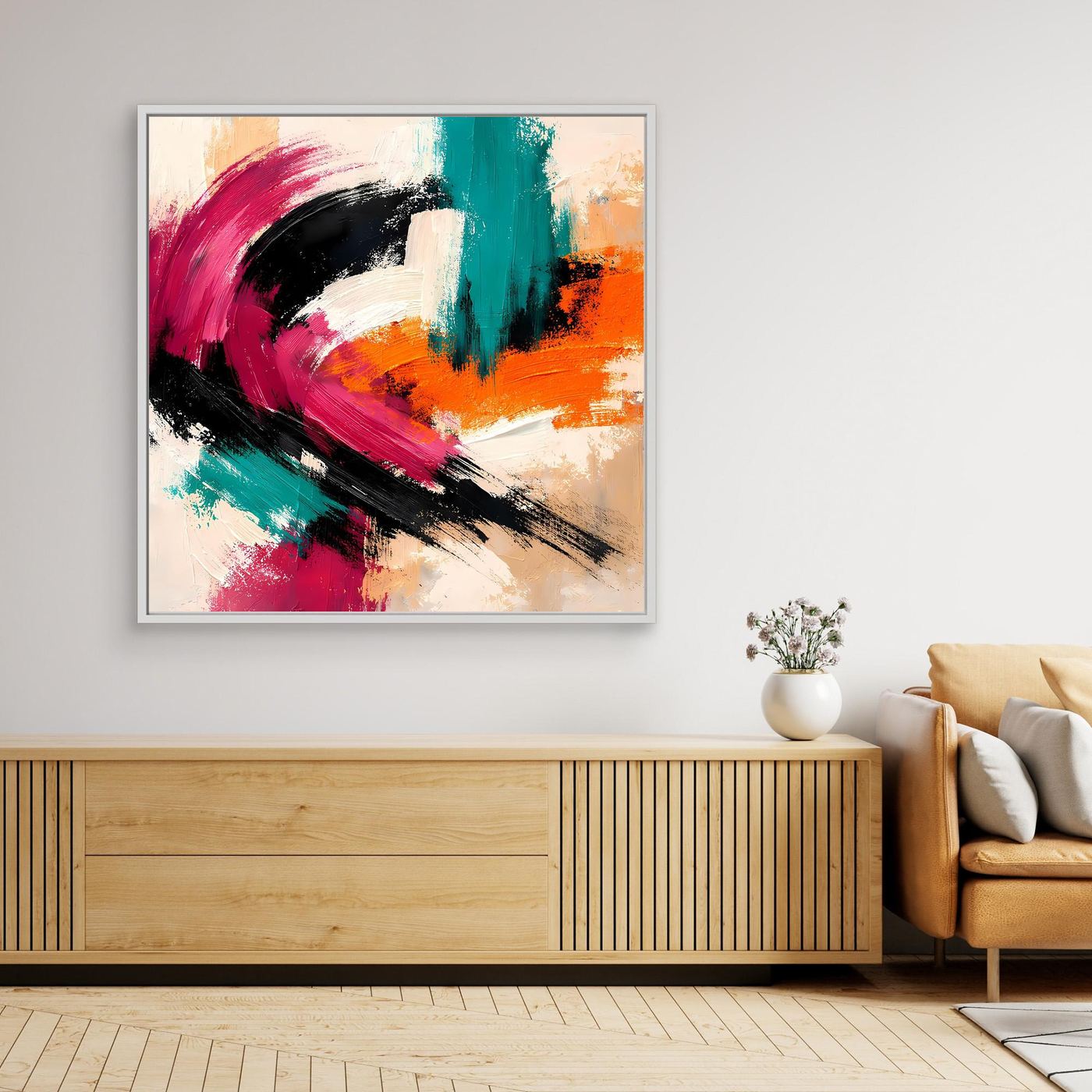 Abstraktes Leinwandbild mit Farbwirbeln in Pink, Grün und Orange, weißer Rahmen