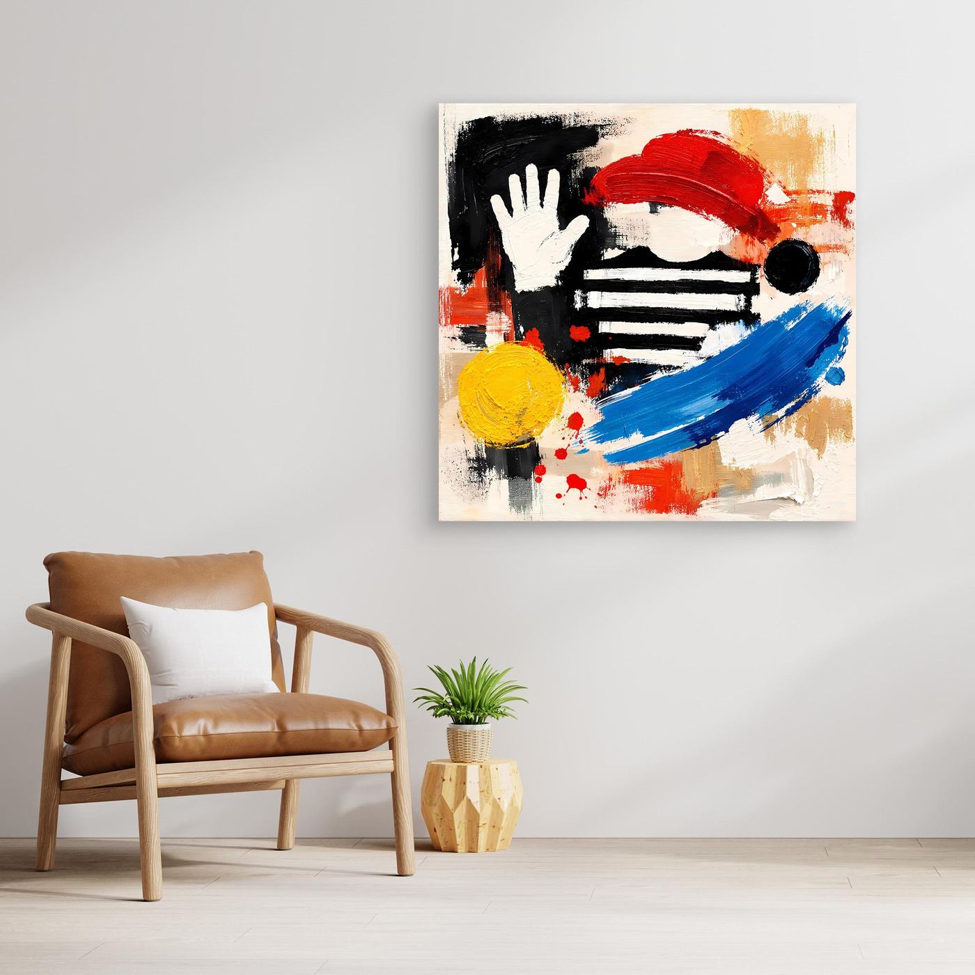 Abstract pop art canvas wall print with hand and stripes in red, blue, yellow, no frame