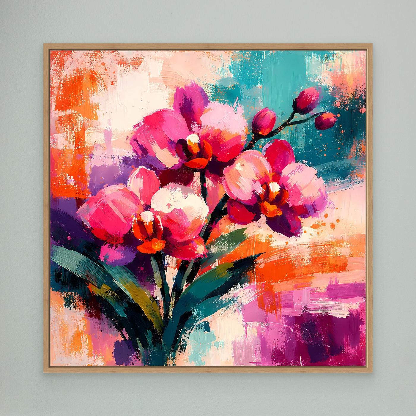 Abstraktes Orchideen-Leinwandbild mit leuchtenden Farben und Pinselstrichen, Holzrahmen