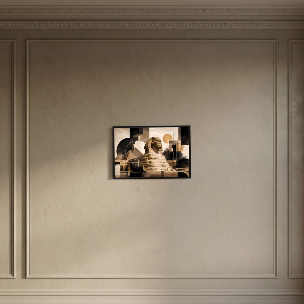 Gerahmtes Querformat-Poster mit Sphinx und Pyramiden in Beige, Schwarz und Gold, schwarz gerahmt
