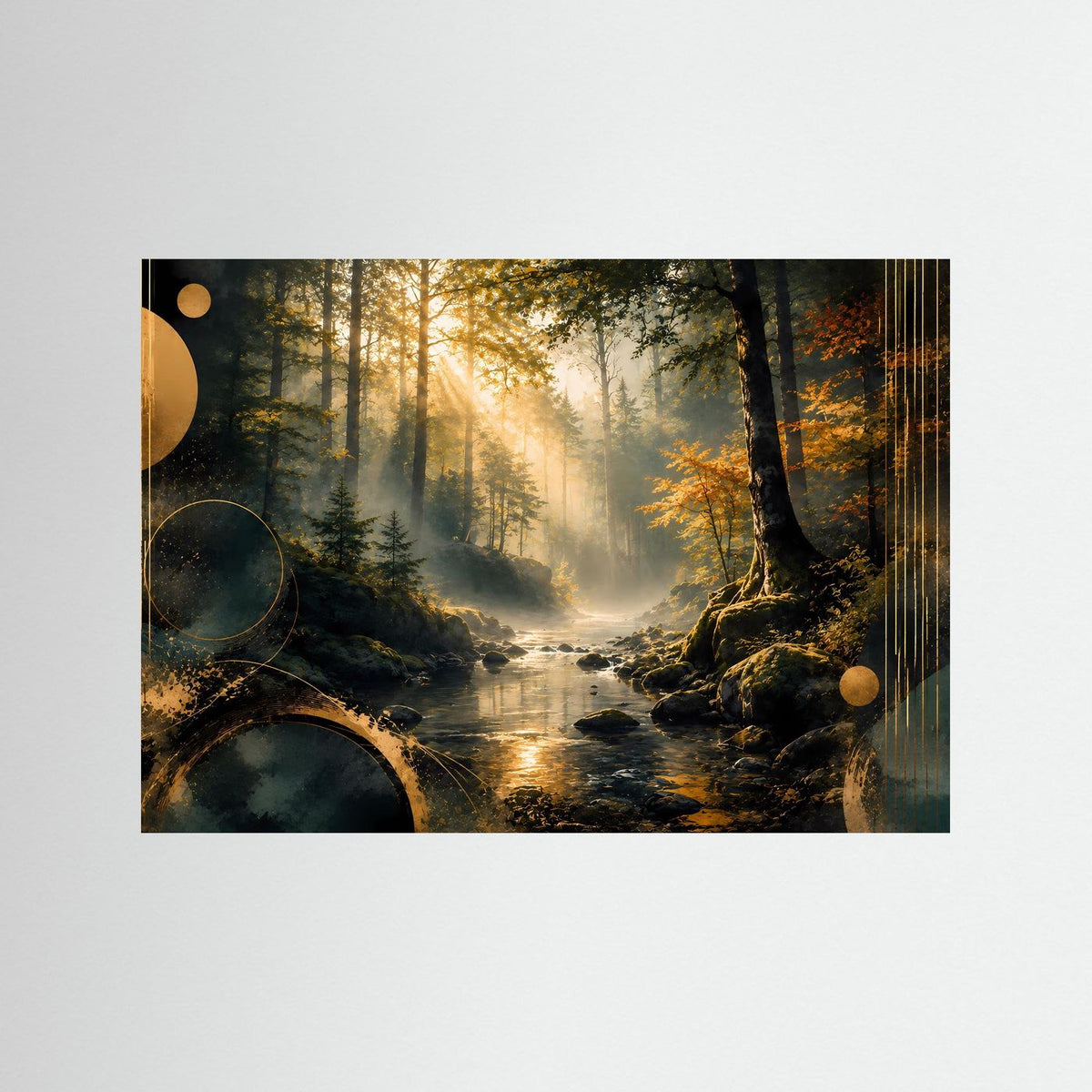 Poster im Querformat: Wald mit Bach, goldenes Licht und kreisförmigen Elementen.