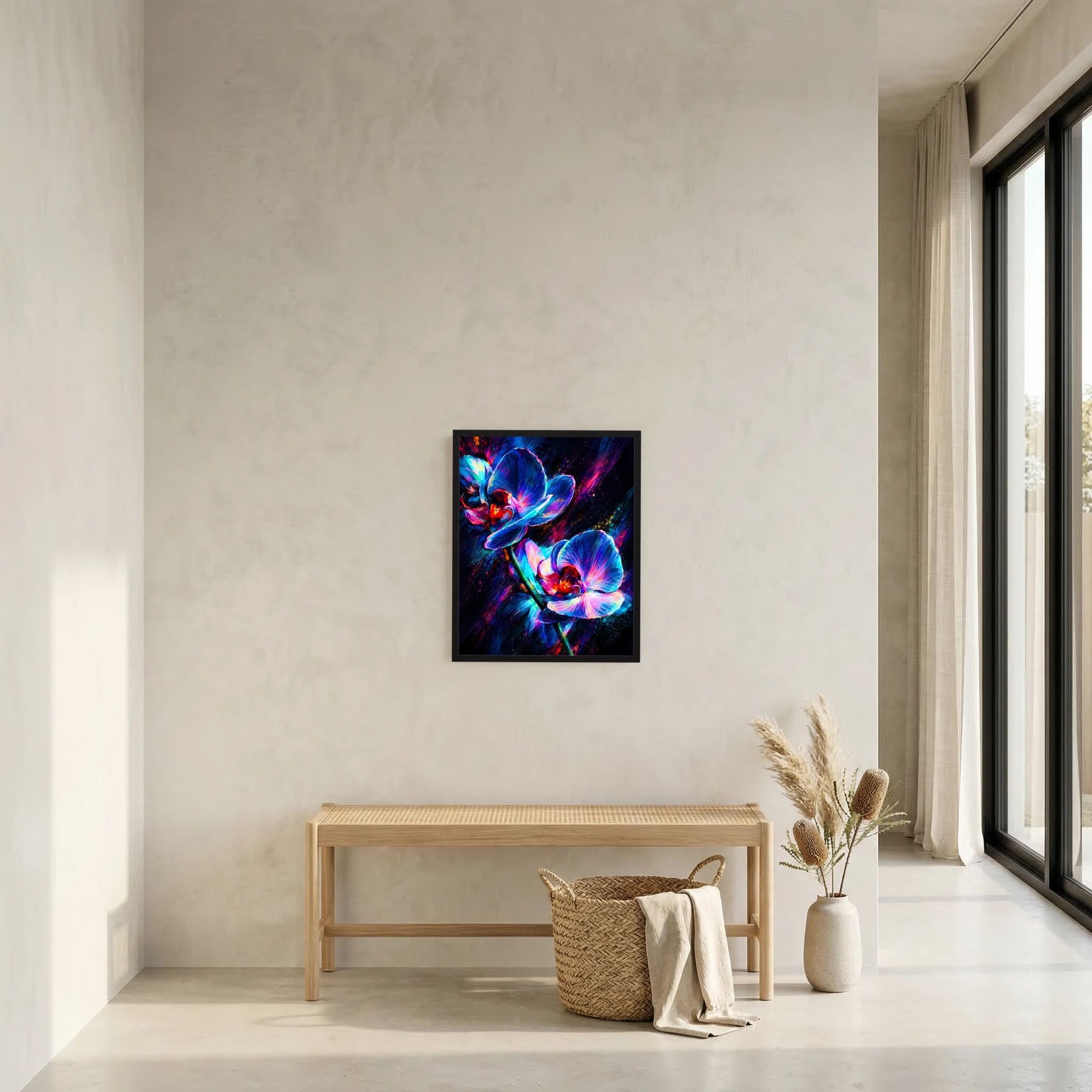 Quadratisches Wandposter mit Neon-Orchideen in Blau und Pink, schwarzer Rahmen
