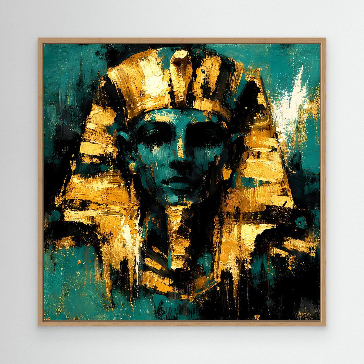 Leinwand-Wandbild mit Pharao in Türkis und Gold, Eichenrahmen