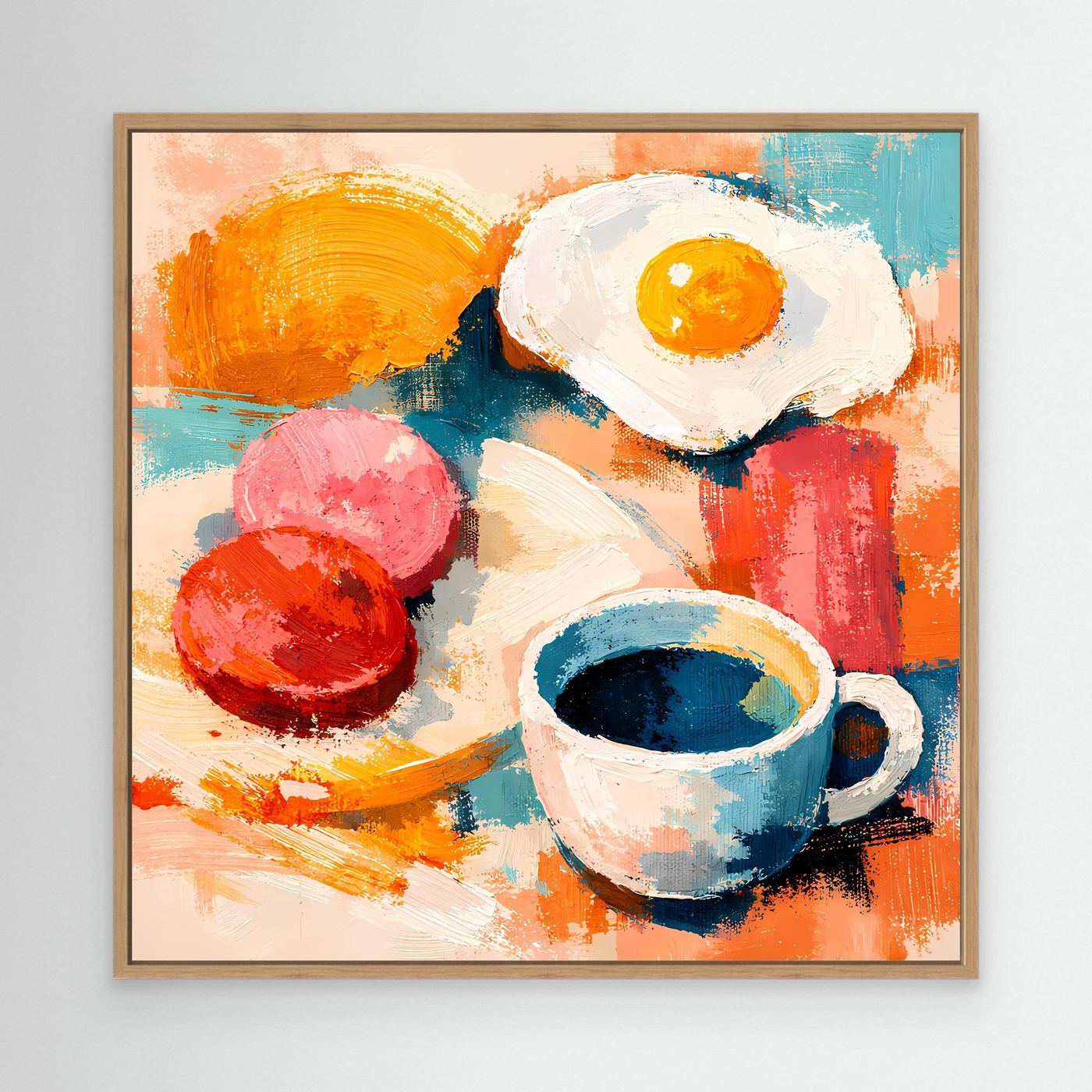 Abstraktes Frühstück-Wandbild mit hellem Holzrahmen: Spiegelei und Kaffeebecher