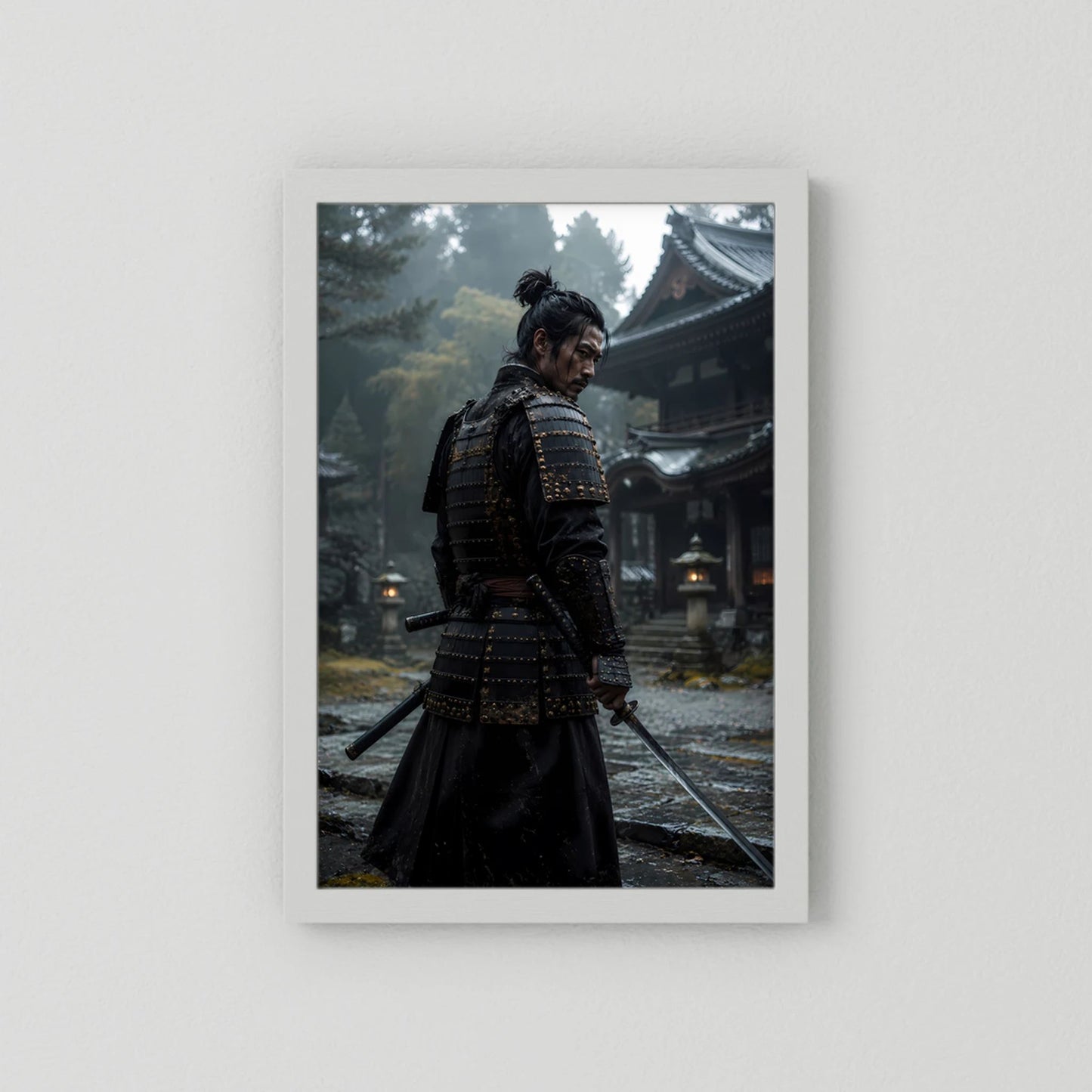 Poster mit Samurai in schwarzer Rüstung mit Katana, ohne Rahmen, weißer Hintergrund