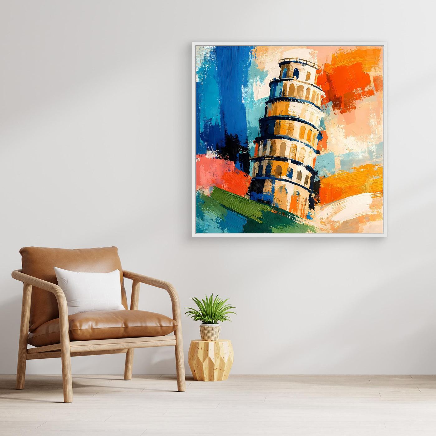 Abstract lighthouse canvas wall art with blue and orange tones, in white frame