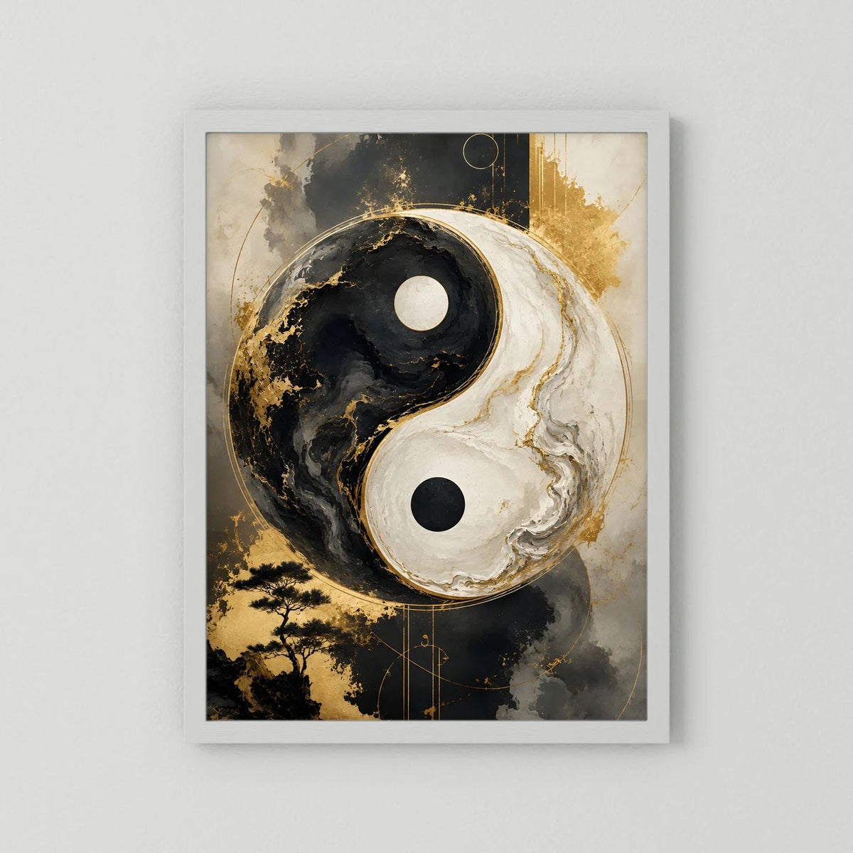 Wandbild im Hochformat mit Yin-Yang-Motiv in Schwarz, Weiß und Gold, weißer Rahmen