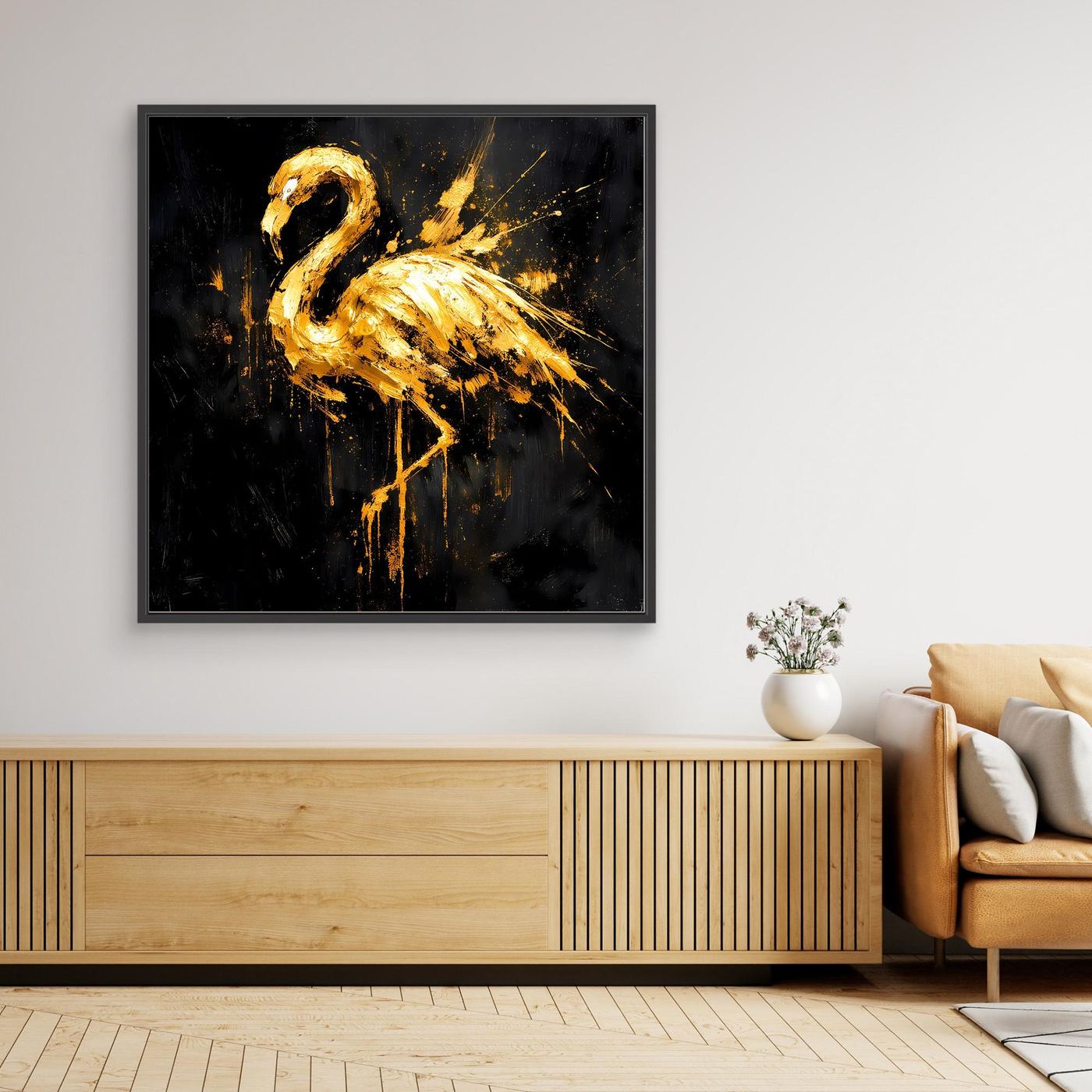 Leinwand Goldener Flamingo auf Schwarz | Abstraktes Modernes Tier Wandbild Kunst