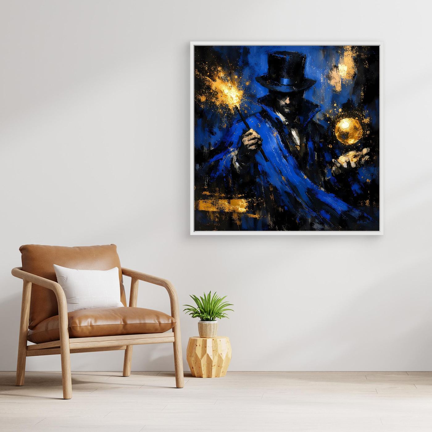 Leinwand Mystischer Magier in Blau und Gold | Abstraktes Fantasy Wandbild Moderne Kunst