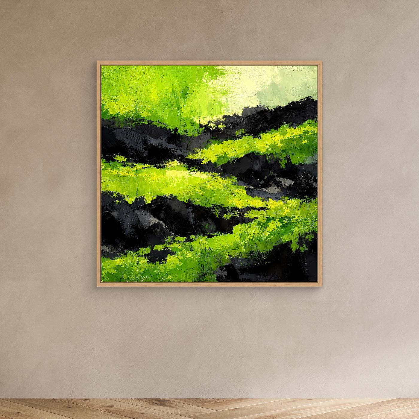 Abstraktes Leinwand-Wandbild mit moosgrünen und schwarzen Querstrichen, Eichenrahmen