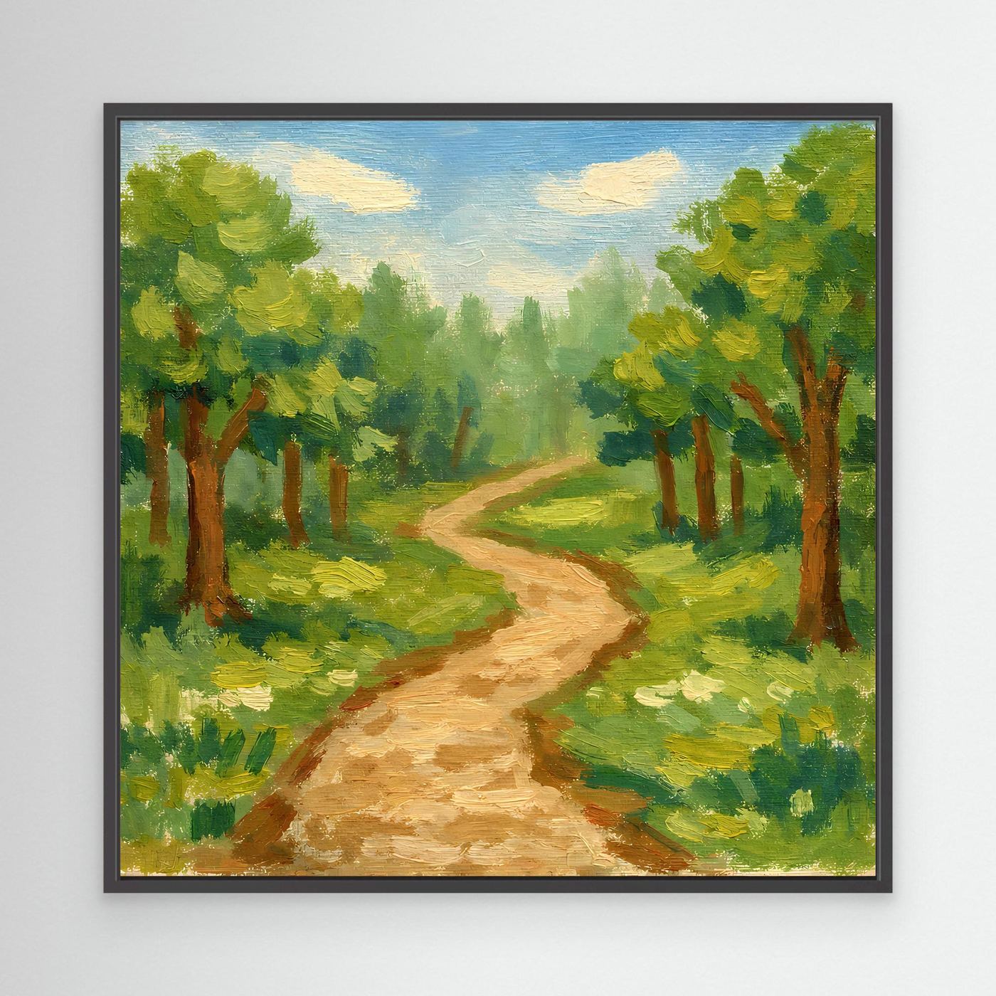 Leinwandbild „Idyllischer Waldweg“ mit schwarzem Rahmen: Waldweg und Bäume in Grün.