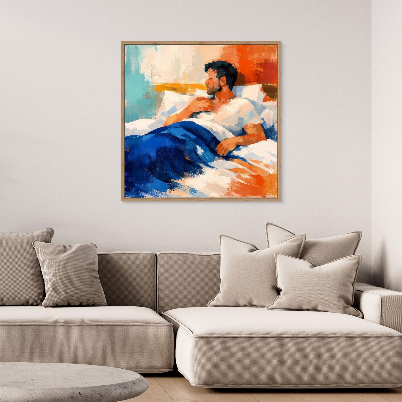 Gerahmtes Leinwand-Wandbild mit abstraktem Mann im Liegen, blaue Decke, orange Hintergrund