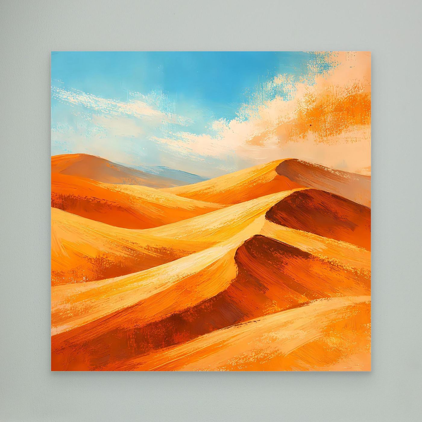 Abstract canvas wall art with blue sky and orange dunes, no visible frame