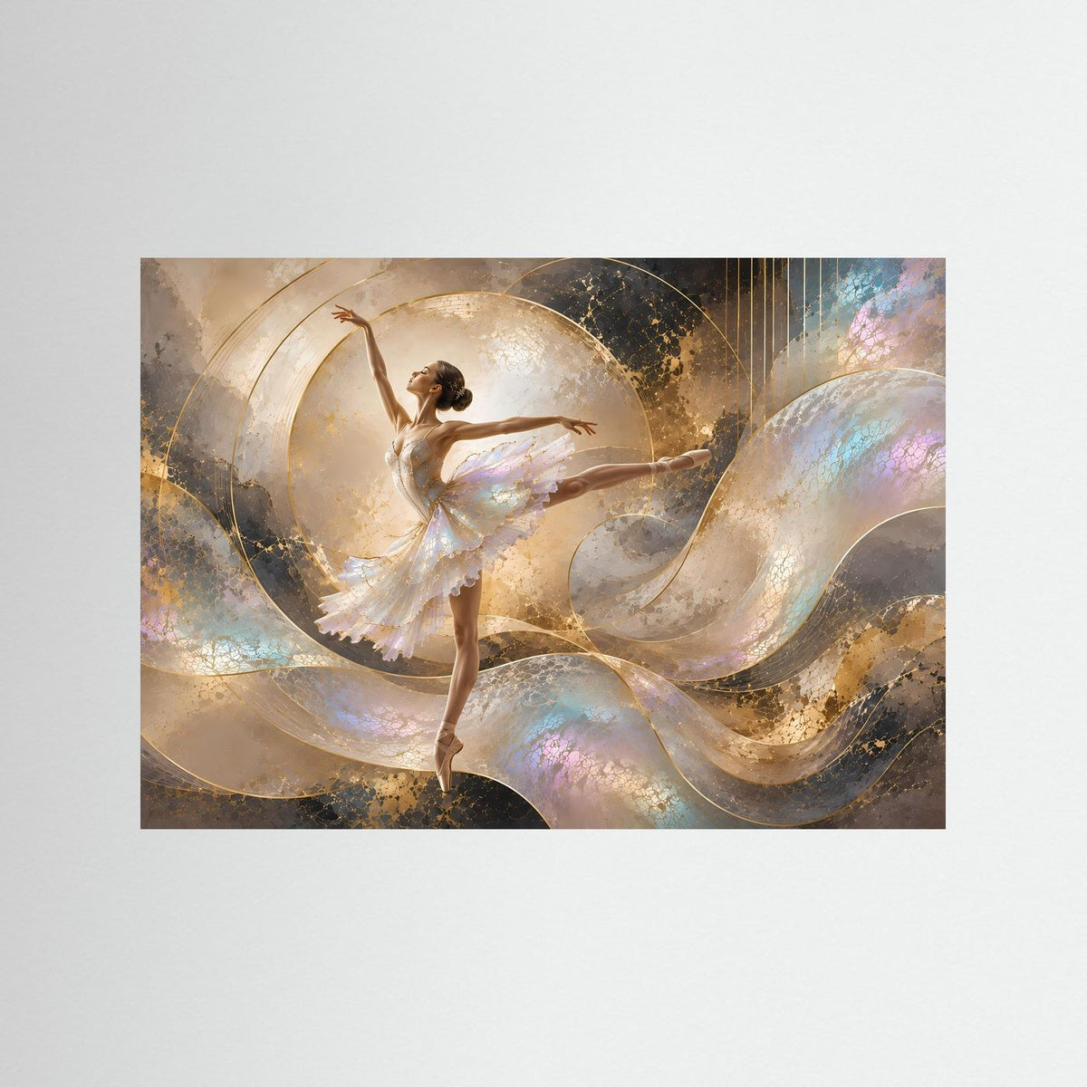 Ballett-Wandkunst mit tanzender Ballerina in Perlmutt- und Goldtönen, ohne sichtbaren Rahmen