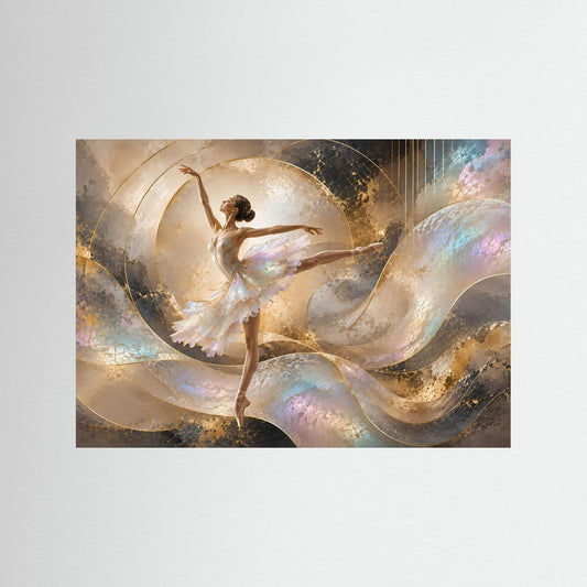 Ballett-Wandkunst mit tanzender Ballerina in Perlmutt- und Goldtönen, ohne sichtbaren Rahmen