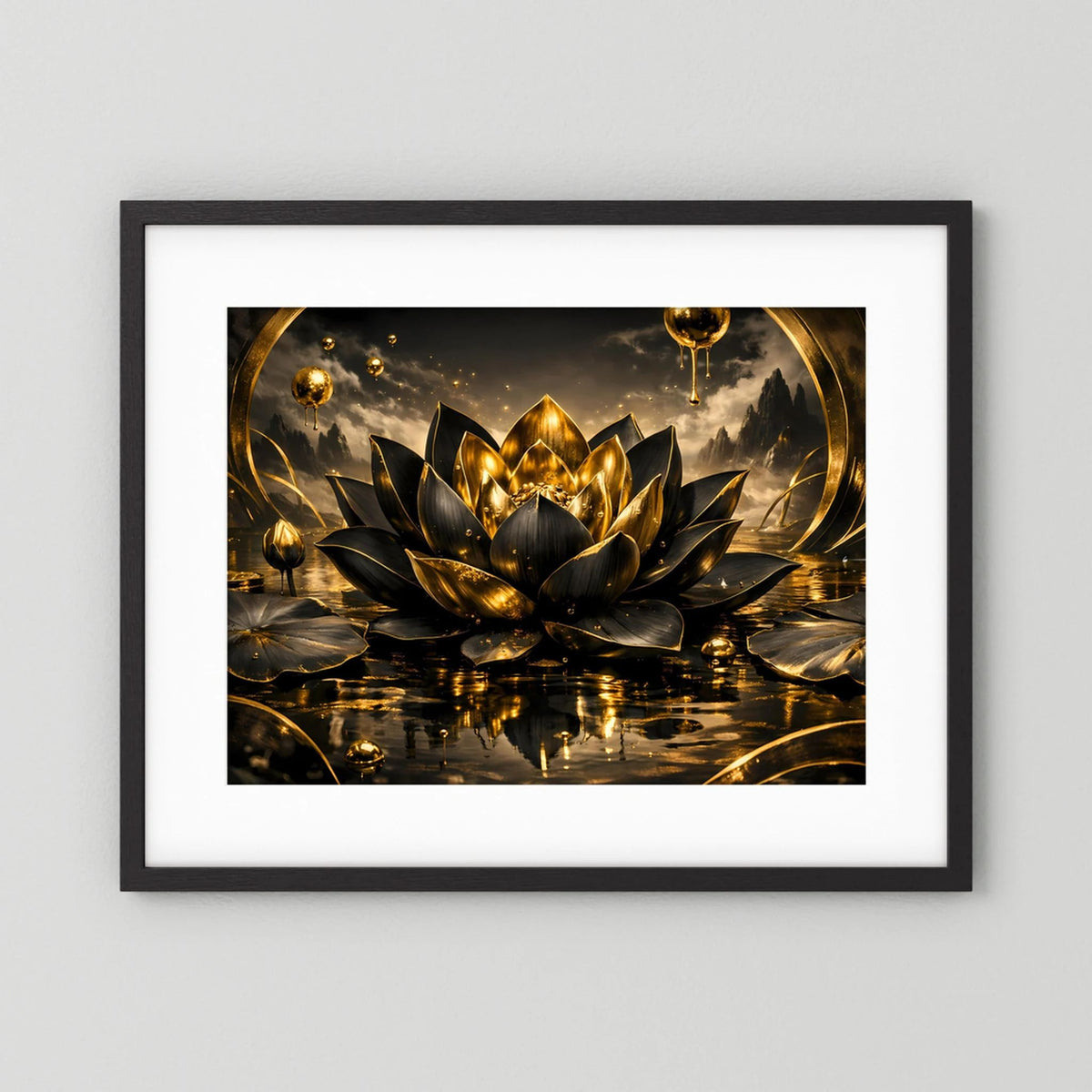 Wandbild mit schwarzem Rahmen und weißem Passepartout: gold-schwarze Lotusblüte
