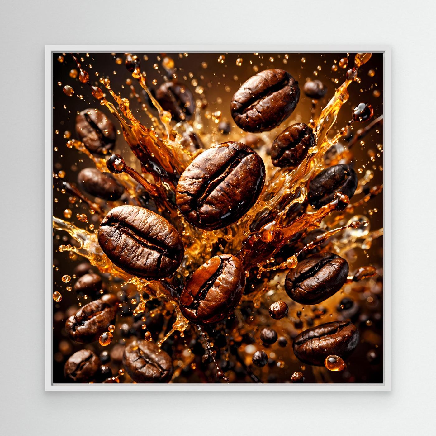 Leinwandbild mit Kaffeebohnen-Splash im weißen Rahmen, braun-goldenes Spritzmotiv