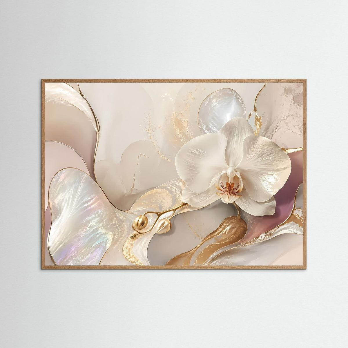 Orchideen-Poster im Querformat mit weißer Orchidee in naturfarbenem Holzrahmen