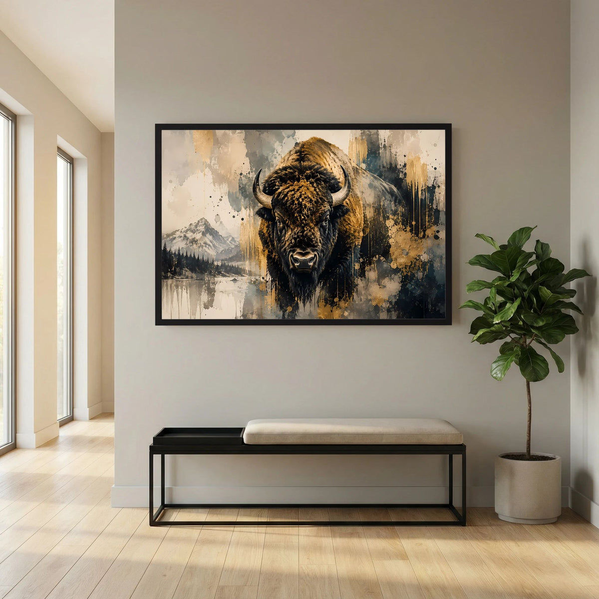Abstraktes Bison-Poster in Schwarz-Gold, schwarzer Rahmen