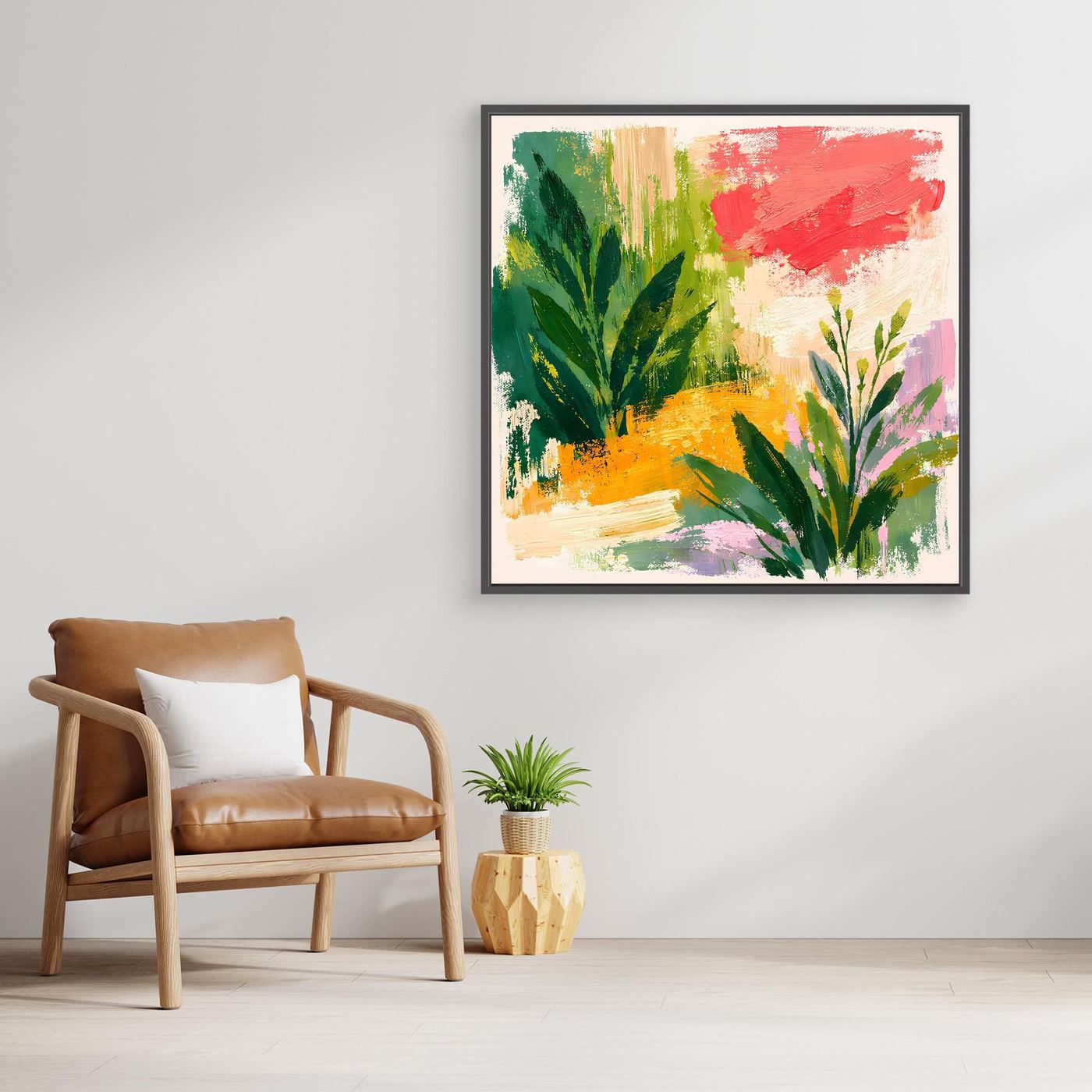 Abstract botanical wall art canvas with multicolor leaves and red brush strokes, black frame