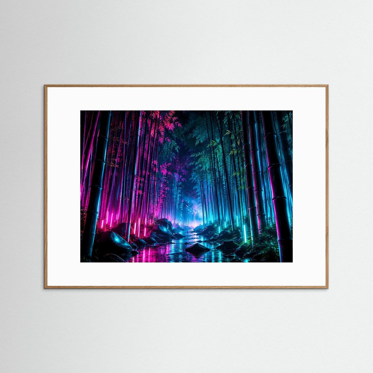 Neon-Bambuswald-Wandkunst mit Cyberpunk-Licht, dunkle Bäume und farbige Leuchtspuren im Poster, mit beigem Rahmen