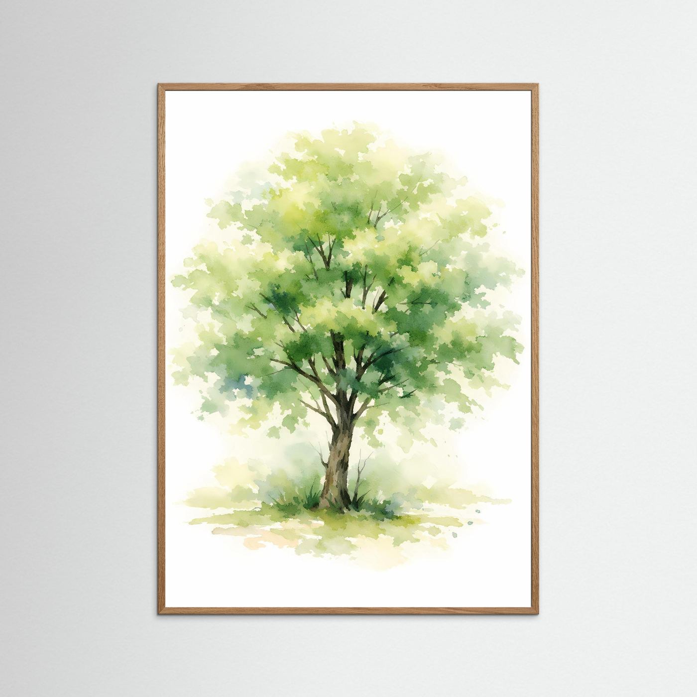 Aquarell-Baum-Poster im Hochformat mit hellem Holzrahmen und grünem Laub