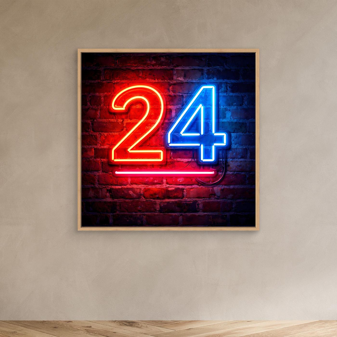 Neon-Wandbild Zahl 24, rot-blau auf Backstein, kleines Format, Holzrahmen