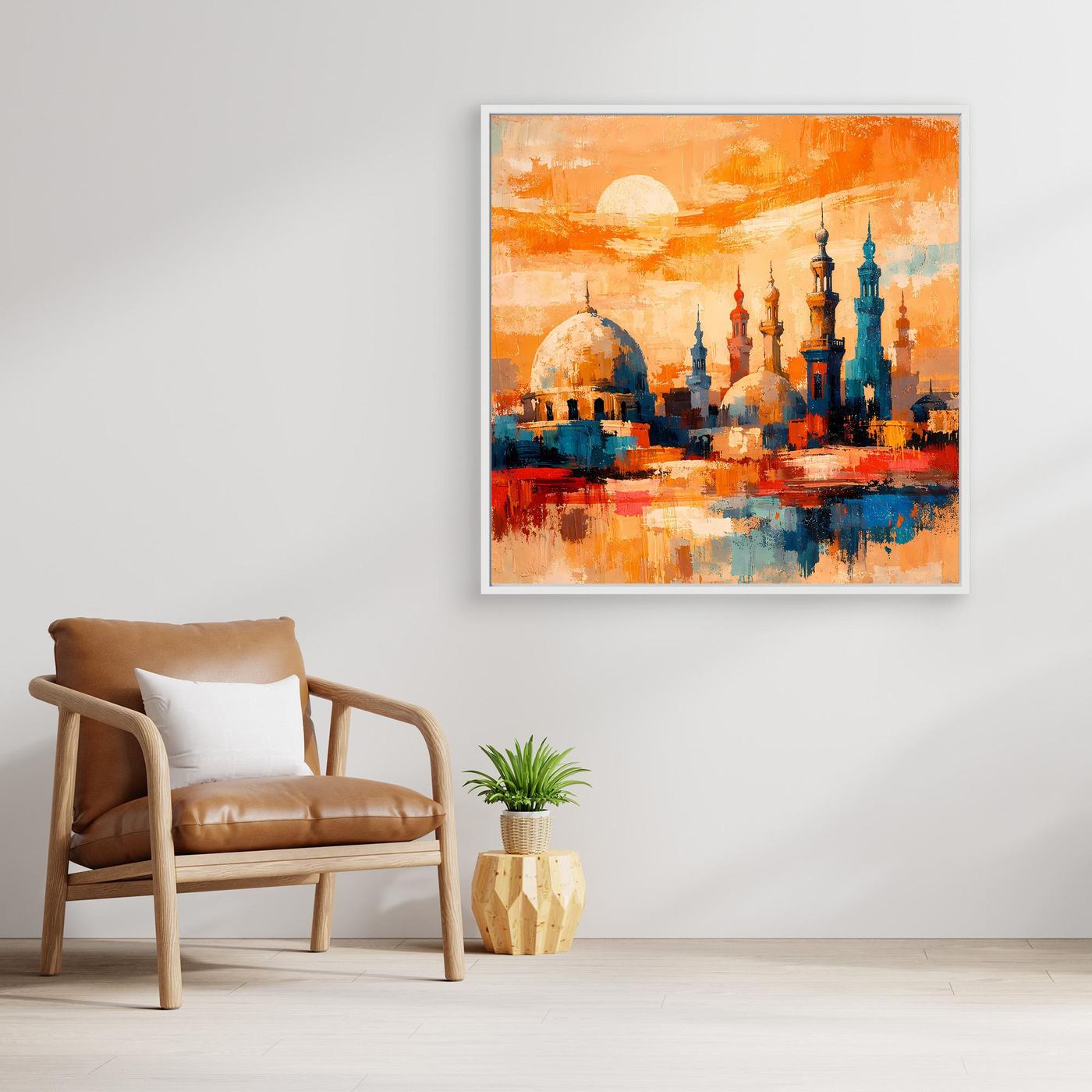 Abstraktes Leinwand-Wandbild mit orientalischer Skyline und Minaretten im weißen Rahmen