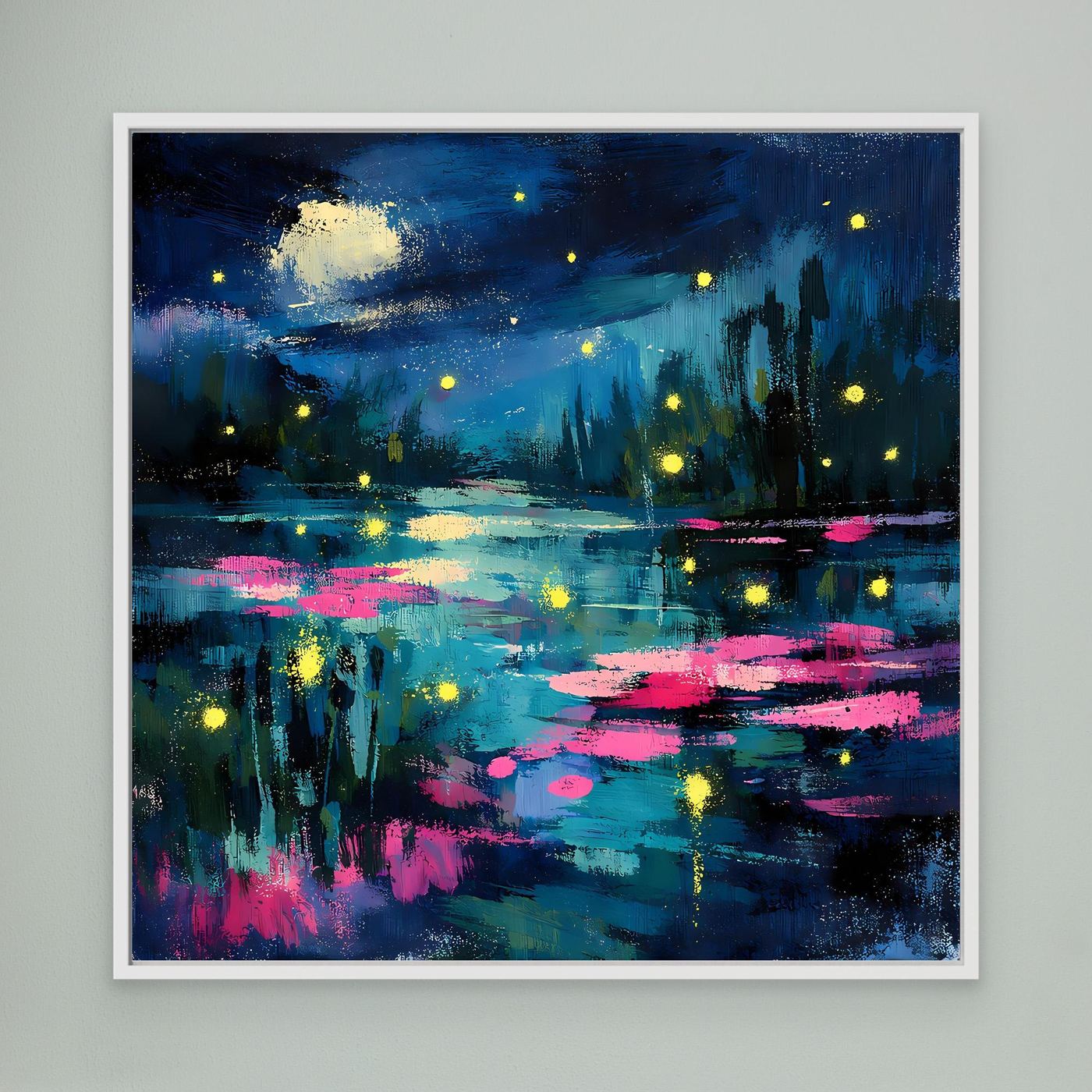 Abstract night lake wall art, blue and magenta, with glowing fireflies and lily pads, white frame